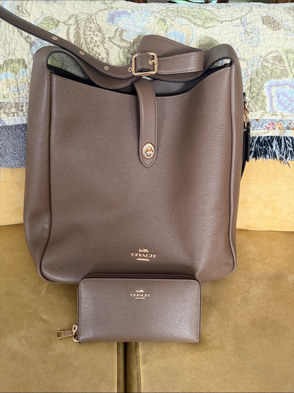 Coach Brown Leather with Tan Patch and Yellow Stitching
Wallet included